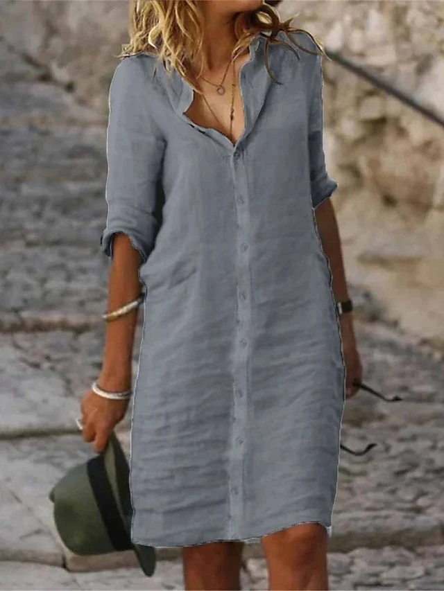 Women's Shirt Dress Casual Dress Cotton Linen Dress Midi Dress Cotton Blend Fashion Classic Outdoor Daily Shirt Collar Button Half Sleeve Summer Spring Fall 2023 Regular Fit Black White Gray Plain S 6 Women's Shirt Dress Casual Dress Cotton Linen Dress Midi Dress Cotton Blend Fashion Classic Outdoor Daily Shirt Collar Button Half Sleeve Summer Spring Fall 2023 Regular Fit Black White Gray Plain S - Image 6