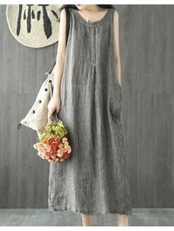 Women's Casual Dress Cotton Linen Dress Shift Dress Maxi Long Dress Cotton Blend Casual Daily Holiday Vacation Crew Neck Pocket Cold Shoulder Sleeveless Summer Spring 2023 Regular Fit Black Gray Pure -HAYz Clothing Shop svpwvk1679376654873