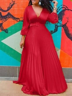 Women‘s Plus Size Curve Party Dress Swing Dress A Line Dress Solid Color Long Dress Maxi Dress Long Sleeve Pleated V Neck Elegant Party Black Yellow Fall Spring L XL XXL 3XL 4XL -HAYz Clothing Shop svqweb1675151841062