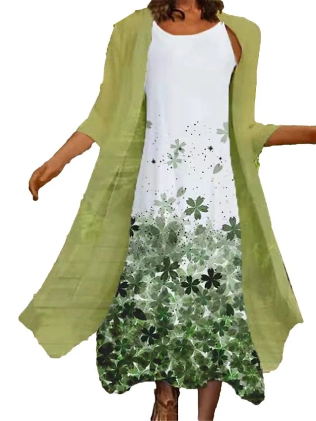 Women's Two Piece Dress Set Casual Dress Shift Dress Daily Going Out Casual Print Midi Dress Crew Neck 3/4 Length Sleeve Floral Butterfly Regular Fit Light Green Light Purple Purple Summer Spring M L 3 Women's Two Piece Dress Set Casual Dress Shift Dress Daily Going Out Casual Print Midi Dress Crew Neck 3/4 Length Sleeve Floral Butterfly Regular Fit Light Green Light Purple Purple Summer Spring M L - Image 3