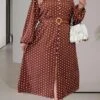 Women's Plus Size Curve Casual Dress Winter Dress Sheath Dress Polka Dot Midi Dress Long Sleeve Lace Up Ruched V Neck Fashion Outdoor Brown Fall Winter L XL XXL 3XL 4XL