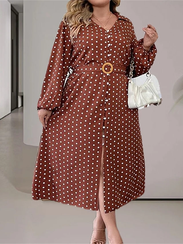 Women's Plus Size Curve Casual Dress Winter Dress Sheath Dress Polka Dot Midi Dress Long Sleeve Lace Up Ruched V Neck Fashion Outdoor Brown Fall Winter L XL XXL 3XL 4XL 1 Women's Plus Size Curve Casual Dress Winter Dress Sheath Dress Polka Dot Midi Dress Long Sleeve Lace Up Ruched V Neck Fashion Outdoor Brown Fall Winter L XL XXL 3XL 4XL