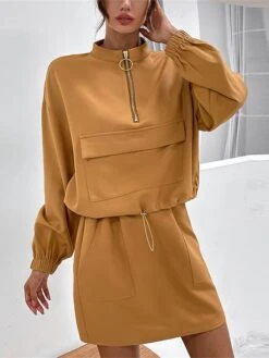 Women's Two Piece Dress Set Casual Dress Skirt Set Outdoor Daily Streetwear Modern Pocket Mini Dress Stand Collar Long Sleeve Plain Loose Fit Khaki Fall Winter S M L XL 8 Women's Two Piece Dress Set Casual Dress Skirt Set Outdoor Daily Streetwear Modern Pocket Mini Dress Stand Collar Long Sleeve Plain Loose Fit Khaki Fall Winter S M L XL -HAYz Clothing Shop swapus1693540423203
