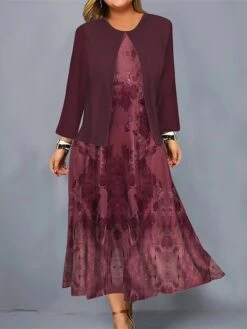 Women's Plus Size Curve Casual Dress Dress Set Two Piece Dress Floral Midi Dress Long Sleeve Print Crew Neck Mature Outdoor Black Navy Blue Fall Winter L XL XXL 3XL 4XL