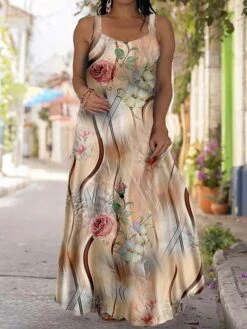 Women‘s Plus Size Curve Casual Dress Strap Dress Floral Coconut Tree Long Dress Maxi Dress Sleeveless Print Strap Fashion Outdoor Navy Blue Blue Summer Spring L XL XXL 3XL 4XL