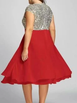Women‘s Plus Size Curve Party Dress Sequin Dress Homecoming Dress Solid Color Midi Dress Short Sleeve Mesh Patchwork Crew Neck Classic Party Black White Spring Summer XL 3XL 4XL 5XL -HAYz Clothing Shop swxnvq1672986683636