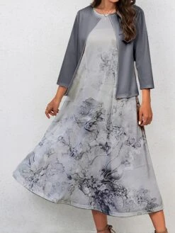 Women's Two Piece Dress Set Casual Dress Swing Dress Outdoor Office Fashion Streetwear Print Midi Dress Crew Neck 3/4 Length Sleeve Floral Ombre Regular Fit Pink Blue Purple Fall Winter S M L XL XXL -HAYz Clothing Shop swxrkv1697681157819