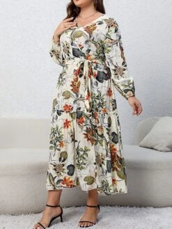 Women's Casual Dress Swing Dress Print Dress Leaf Floral Ruffle Print V Neck Long Dress Maxi Dress Fashion Streetwear Outdoor Daily Long Sleeve Regular Fit Blue Apricot Fall Winter XL XXL 3XL 4XL -HAYz Clothing Shop swzfbo1697539482142