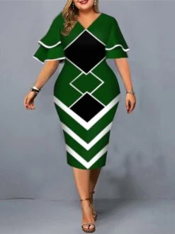 Women‘s Plus Size Curve Work Dress Geometric V Neck Short Sleeve Spring Fall Fashion Elegant Modern Midi Dress Formal Office Dress -HAYz Clothing Shop sxbhhb1671091290824