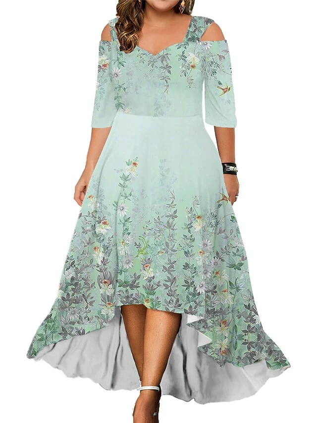 Women‘s Plus Size Curve Party Dress Wedding Guest Dress Swing Dress Long Dress Maxi Dress Light Green Blue Green Half Sleeve Floral Cold Shoulder Summer Spring Fall V Neck Fashion Birthday 2 Women‘s Plus Size Curve Party Dress Wedding Guest Dress Swing Dress Long Dress Maxi Dress Light Green Blue Green Half Sleeve Floral Cold Shoulder Summer Spring Fall V Neck Fashion Birthday - Image 2