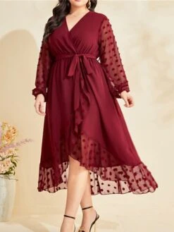 Women's Plus Size Prom Dress Party Dress Wedding Guest Dress Long Dress Maxi Dress Wine Long Sleeve Pure Color Lace Up Fall Winter Autumn V Neck Fashion Winter Dress Wedding Guest Evening Party Loose -HAYz Clothing Shop sxjftq1693205397657
