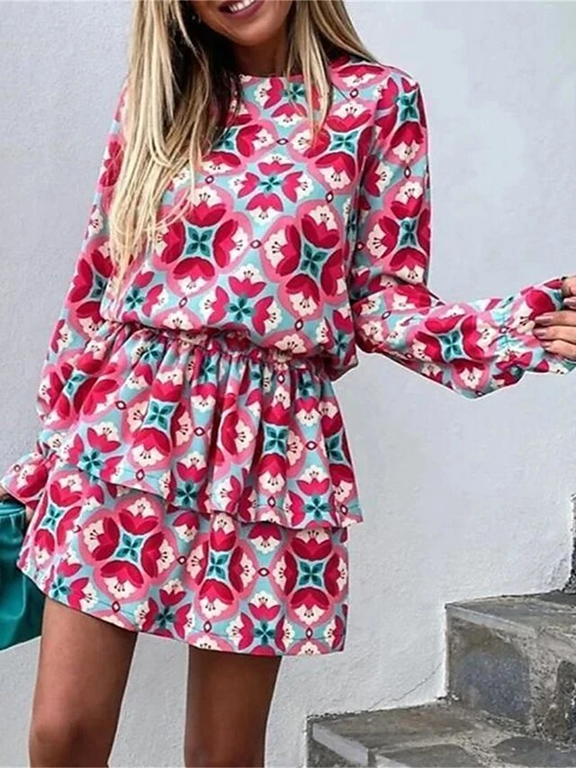 Women's Two Piece Dress Set Casual Dress Skirt Set Daily Holiday Fashion Streetwear Ruffle Print Mini Dress Crew Neck Long Sleeve Floral Loose Fit Red Summer Spring S M L XL 3 Women's Two Piece Dress Set Casual Dress Skirt Set Daily Holiday Fashion Streetwear Ruffle Print Mini Dress Crew Neck Long Sleeve Floral Loose Fit Red Summer Spring S M L XL - Image 3