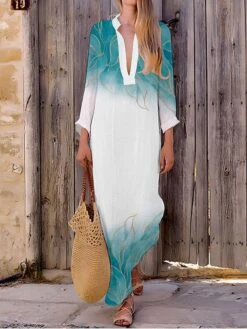 Women's Casual Dress Cotton Linen Dress Maxi Long Dress Polyester Fashion Casual Daily Outdoor Daily Vacation Split Neck Split Print Long Sleeve Summer Spring Fall 2023 Loose Fit White Navy Blue Blue -HAYz Clothing Shop sxqfrz1690515180660