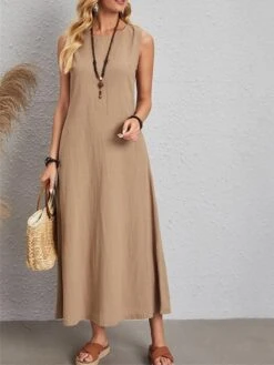 Women's Casual Dress Cotton Linen Dress White Dress Maxi Long Dress Cotton Blend Basic Casual Outdoor Daily Vacation Crew Neck Pocket Sleeveless Summer Spring 2023 Regular Fit White Khaki Plain S M L -HAYz Clothing Shop sxxusj1676443140941