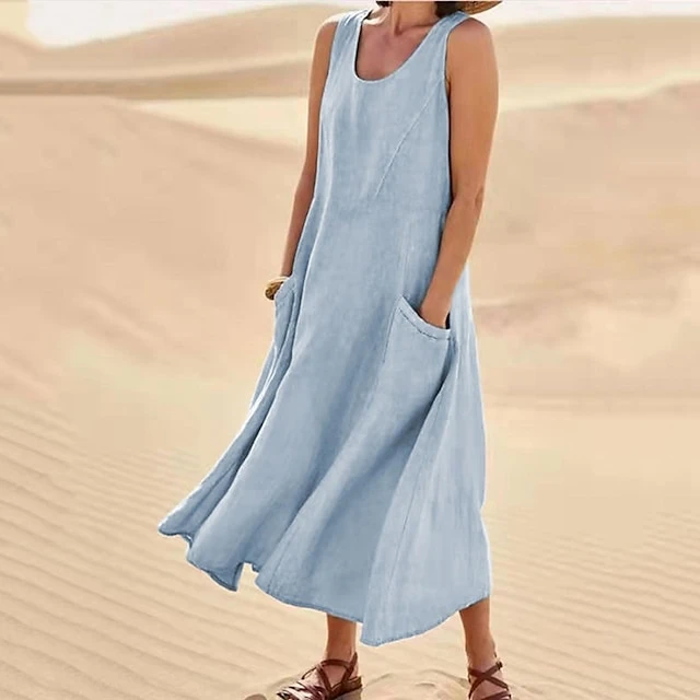 Women‘s Casual Dress Cotton Dress Shift Dress Midi Dress Blue Pink Khaki Sleeveless Pure Color Pocket Spring Summer Crew Neck Basic Daily Vacation Weekend Loose Fit 2023 S M L XL XXL 10 Women‘s Casual Dress Cotton Dress Shift Dress Midi Dress Blue Pink Khaki Sleeveless Pure Color Pocket Spring Summer Crew Neck Basic Daily Vacation Weekend Loose Fit 2023 S M L XL XXL - Image 10