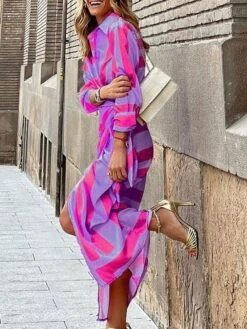 Women's Shirt Dress Shift Dress Wrap Dress Maxi Long Dress Winter Dress Daily Holiday Polyester Sexy Casual Shirt Collar Lace Up Tie Belt Long Sleeve Spring Fall Winter 2023 Regular Fit Purple Orange -HAYz Clothing Shop sytomx1656659824331