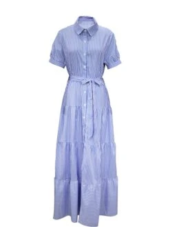 Women's Shirt Dress Maxi Long Dress Daily Vacation Polyester Casual Shirt Collar Lace Up Button Short Sleeve Summer Spring 2022 Regular Fit Blue Green Striped S M L XL -HAYz Clothing Shop szisgo1693289127699
