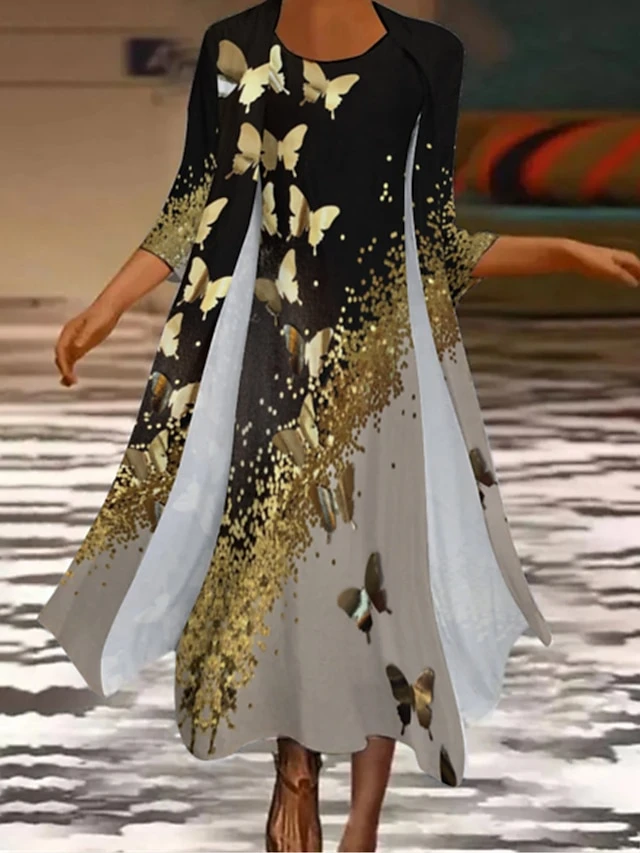 Women's Casual Dress Dress Set Two Piece Dress Midi Dress Yellow Blue 3/4 Length Sleeve Animal Print Summer Spring Crew Neck Fashion 2023 S M L XL XXL 3XL 1 Women's Casual Dress Dress Set Two Piece Dress Midi Dress Yellow Blue 3/4 Length Sleeve Animal Print Summer Spring Crew Neck Fashion 2023 S M L XL XXL 3XL