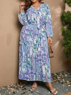 Women's Casual Dress Swing Dress Print Dress Leaf Floral Ruffle Print V Neck Long Dress Maxi Dress Fashion Streetwear Outdoor Daily Long Sleeve Regular Fit Blue Apricot Fall Winter XL XXL 3XL 4XL -HAYz Clothing Shop szrzrj1697539486606
