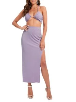 Women's Two Piece Dress Set Casual Dress Skirt Set Daily Holiday Sexy Casual Backless Drawstring Long Dress Maxi Dress Halter Neck Sleeveless Plain Slim Purple Orange Green Summer S M L