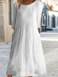 Women's Casual Dress Cotton Linen Dress Swing Dress Midi Dress Cotton Blend Basic Casual Outdoor Daily Crew Neck Ruched Pocket Short Sleeve Summer Spring 2023 Loose Fit White Pink Purple Plain M L XL