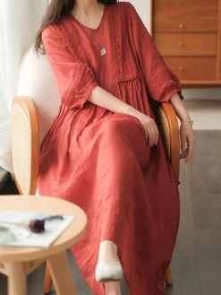 Women's Casual Dress Cotton Linen Dress Swing Dress Midi Dress Cotton Blend Basic Casual Outdoor Daily V Neck Ruched 3/4 Length Sleeve Summer Spring 2023 Loose Fit Black White Yellow Pure Color M L -HAYz Clothing Shop tafkss1677135406257