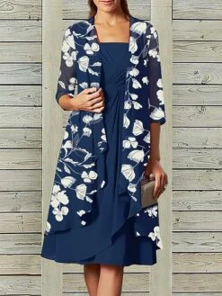 Women's Two Piece Dress Set Party Dress Chiffon Dress Party Outdoor Fashion Elegant Ruffle Print Midi Dress Square Neck 3/4 Length Sleeve Floral Regular Fit Blue Summer Spring S M L XL XXL