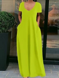 Women's Casual Dress Cotton Linen Dress Long Dress Maxi Dress Polyester Basic Daily Going Out Weekend Crew Neck Short Sleeve Summer Spring 2023 Regular Fit Fluorescent Green Black Yellow Pure Color S -HAYz Clothing Shop tbfrjc1680240849044