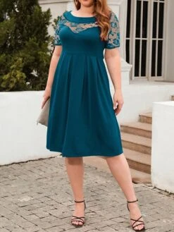 Women's Plus Size Curve Party Dress Lace Dress Semi Formal Dress Solid Color Midi Dress Short Sleeve Lace Crew Neck Fashion Party ArmyGreen Black Fall Winter XL XXL 3XL 4XL -HAYz Clothing Shop tbgsvd1695813619824