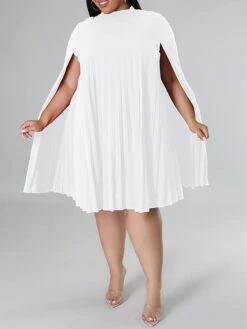 Women‘s Plus Size Curve Casual Dress Shift Dress Solid Color Midi Dress Long Sleeve Pleated Stand Collar Basic Daily Black White Fall Spring XL XXL 3XL 4XL 5XL -HAYz Clothing Shop tbmjbk1672817482292