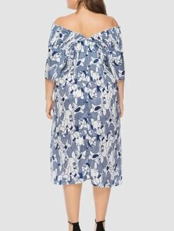 Women‘s Plus Size Curve Party Dress Shift Dress Semi Formal Dress Midi Dress Blue Short Sleeve Floral Ruffle Summer Spring Fall V Neck Fashion Wedding Guest Vacation Summer Dress 2023 -HAYz Clothing Shop tbmqck1691399475643