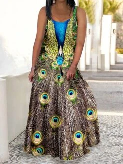 Women's Plus Size Curve Casual Dress Swing Dress Strap Dress Peacock Feather Maxi Long Dress Sleeveless Print Strap Romantic Daily Deep Purple Deep Green Summer Spring L XL XXL 3XL 4XL -HAYz Clothing Shop tbvftv1680773037101