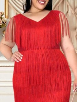 Women's Plus Size Curve Party Dress Fringe Dress Pure Color V Neck Tassel Fringe Sleeveless Spring Fall Fashion Elegant Formal Midi Dress Party Evening Party Dress -HAYz Clothing Shop tbwzsz1668756041464