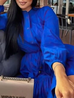 Women's Shirt Dress Casual Dress Mini Dress Outdoor Daily Polyester Basic Classic Stand Collar Ruffle Button Long Sleeve Fall Winter 2023 Loose Fit Blue Pure Color XS S M L