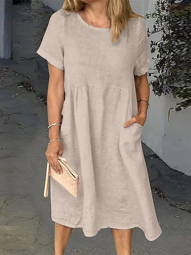Women's Casual Dress Cotton Linen Dress Shift Dress Midi Dress Cotton Blend Basic Casual Daily Holiday Vacation Crew Neck Pocket Short Sleeve Summer Spring 2023 Loose Fit White Pink Blue Pure Color S 5 Women's Casual Dress Cotton Linen Dress Shift Dress Midi Dress Cotton Blend Basic Casual Daily Holiday Vacation Crew Neck Pocket Short Sleeve Summer Spring 2023 Loose Fit White Pink Blue Pure Color S - Image 5