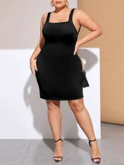 Women's Plus Size Curve Party Dress Wedding Guest Dress Sheath Dress Mini Dress Black Sleeveless Pure Color Backless Fall Winter Autumn Square Neck Fashion Wedding Guest Vacation XL XXL 3XL -HAYz Clothing Shop tcaleo1692165684687
