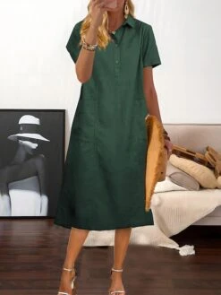 Women's Casual Dress Cotton Linen Dress Midi Dress Polyester Casual Daily Casual Outdoor Home Holiday Shirt Collar Pocket Short Sleeve Summer Spring 2023 Loose Fit Navy Blue Purple Brown Plain M L XL -HAYz Clothing Shop tcbvyg1689824668998