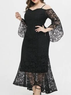 Women's Plus Size Prom Dress Party Dress Lace Dress Long Dress Maxi Dress Black Pink Wine Long Sleeve Pure Color Lace Spring Fall Winter Cold Shoulder Fashion Wedding Guest Birthday Evening Party 2023 -HAYz Clothing Shop tcdrgi1693535468143