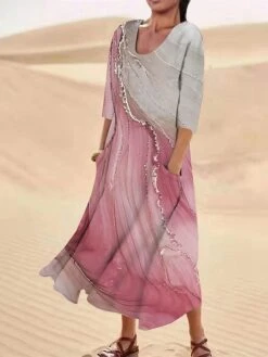 Women's Casual Dress Cotton Linen Dress Midi Dress Polyester Fashion Casual Daily Outdoor Daily Vacation Crew Neck Pocket Print Half Sleeve Summer Spring Fall 2023 Loose Fit Light Pink Pink Navy Blue -HAYz Clothing Shop tcrcur1690365478254