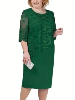 Women's Plus Size Party Dress Lace Dress Cocktail Dress Midi Dress Pink Blue Green 3/4 Length Sleeve Pure Color Lace Spring Fall Winter Crew Neck Fashion Winter Dress Wedding Guest Vacation 2023 L XL -HAYz Clothing Shop tcrqnh1693806683722