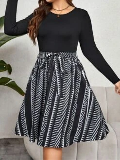 Women's Plus Size Curve Party Dress Winter Dress Black Dress Geometric Midi Dress Long Sleeve Patchwork Bow Crew Neck Fashion Party Black Fall Winter XL XXL 3XL 4XL -HAYz Clothing Shop tcsqyb1695103068282