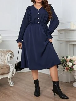 Women's Plus Size Party Dress Wedding Guest Dress Peplum Dresses Midi Dress Royal Blue Long Sleeve Pure Color Ruffle Spring Fall Winter V Neck Fashion Winter Dress Office Evening Party 2023 XL XXL -HAYz Clothing Shop tdlmub1693535289084