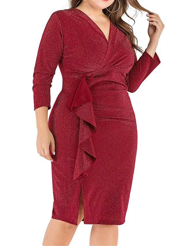 Women‘s Plus Size Curve Work Dress Sheath Dress Semi Formal Dress Fashion Midi Dress Ruffle V Neck Long Sleeve Plain Regular Fit Black Wine Fall Winter XL XXL 3XL 4XL 5XL 2 Women‘s Plus Size Curve Work Dress Sheath Dress Semi Formal Dress Fashion Midi Dress Ruffle V Neck Long Sleeve Plain Regular Fit Black Wine Fall Winter XL XXL 3XL 4XL 5XL - Image 2