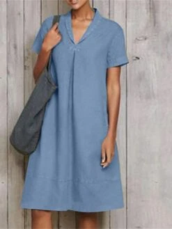 Women's Casual Dress Cotton Linen Dress A Line Dress Midi Dress Linen Cotton Blend Fashion Modern Outdoor Daily Vacation V Neck Ruched Short Sleeve Summer Spring 2023 Loose Fit ArmyGreen Wine Sky Blue -HAYz Clothing Shop tdofyu1678262788359