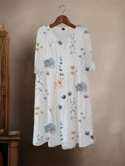 Women's Casual Dress Cotton Linen Dress Midi Dress Polyester Fashion Casual Daily Outdoor Daily Vacation V Neck Print Half Sleeve Spring Fall Autumn 2023 Loose Fit White Floral S M L XL 2XL -HAYz Clothing Shop tdoglb1693366132281