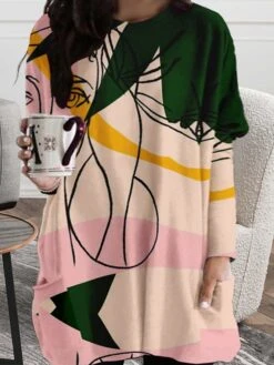 Women‘s Plus Size Curve T Shirt Dress Tee Dress Abstract Crew Neck Print Long Sleeve Winter Fall Casual Daily Vacation Dress -HAYz Clothing Shop tdqtie1664526240146