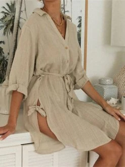 Women's Shirt Dress Casual Dress Cotton Linen Dress Mini Dress Linen / Cotton Blend Fashion Modern Outdoor Daily Vacation Shirt Collar Lace Up Button 3/4 Length Sleeve Summer Spring Fall 2023 Regular