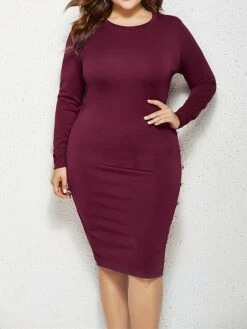 Women's Plus Size Curve Casual Dress Bodycon Sheath Dress Plain Midi Dress Long Sleeve Crew Neck Fashion Daily Black Wine Fall Winter XXL 3XL 4XL 5XL -HAYz Clothing Shop tdvdxv1694151465712