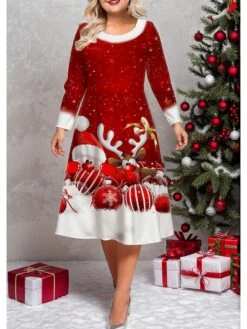 Women's Plus Size Curve Casual Dress Winter Dress Skater Dress Santa Claus Elk Midi Dress Long Sleeve Print Crew Neck Fashion Outdoor White Wine Fall Winter L XL XXL 3XL 4XL