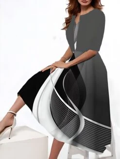 Women's Two Piece Dress Set Casual Dress Tank Dress Outdoor Daily Fashion Streetwear Pocket Print Midi Dress V Neck 3/4 Length Sleeve Geometric Color Block Regular Fit Black Blue Purple Summer Spring